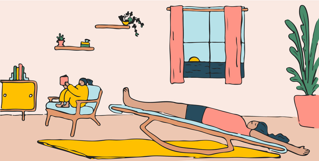 Illustration showing a woman relaxing on Lull by InclineRx, a gentle-inversion table to help her with feeling healthy and calm