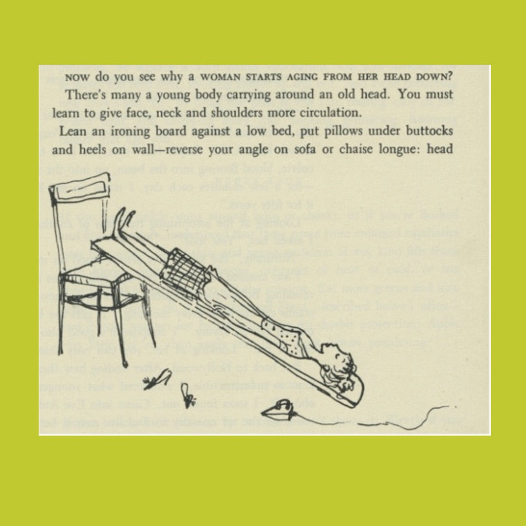 Cover image from Anita Colby's book from 1952 called The Beauty Book. She called the inversion slant board the "Hollywood Slant on Beauty" and wrote of it as an essential beauty and anti-ageing exercise. Image shows a woman inverting on an ironing board